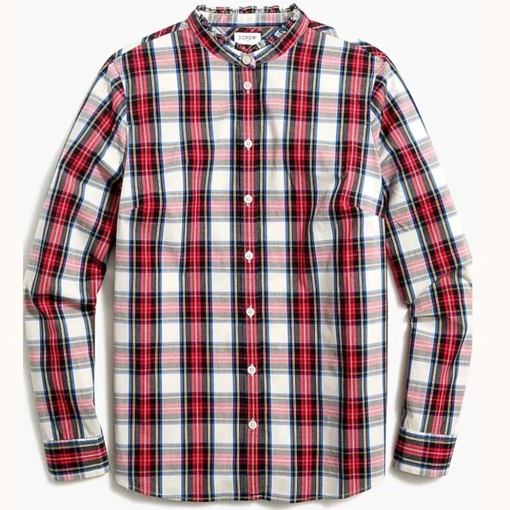 J. Crew Tartan Button Up Top with Ruffled Collar